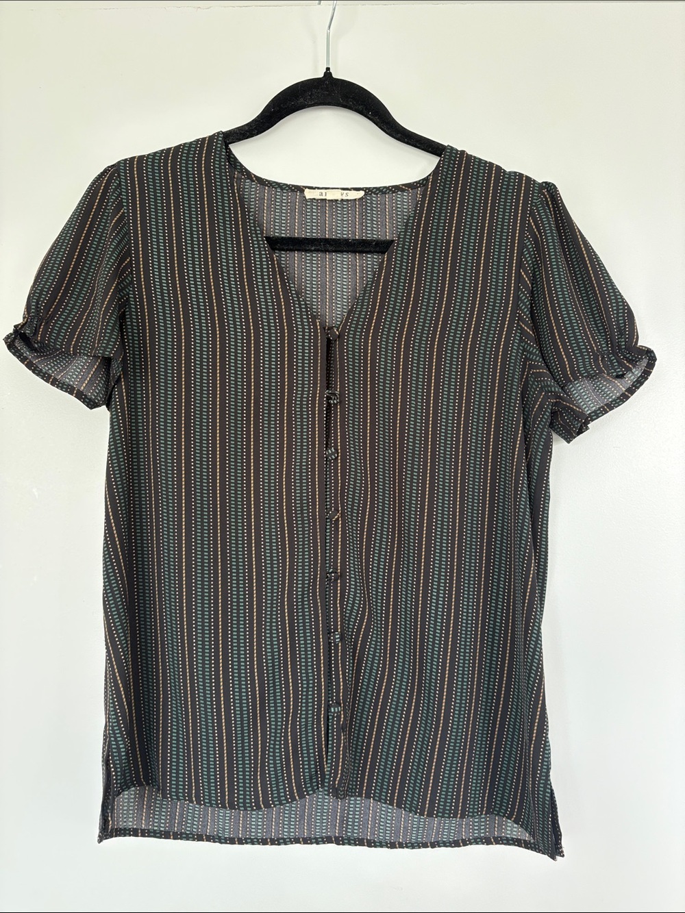 Striped Black Short-Sleeve Button-Down Blouse